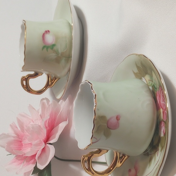 ◀️ Lefton Heritage Green/Heritage Roses Demitasse Cups w/Saucers - Picture 4 of 11